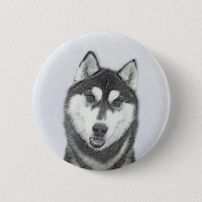 Badge Rond 5 Cm Sibérie Husky (noir et blanc) Peinture Chien Art (Devant)