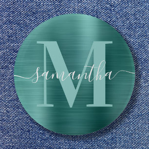 Badge Rond 5 Cm Signature Monogram Aqua Turquoise Shimmer Foil