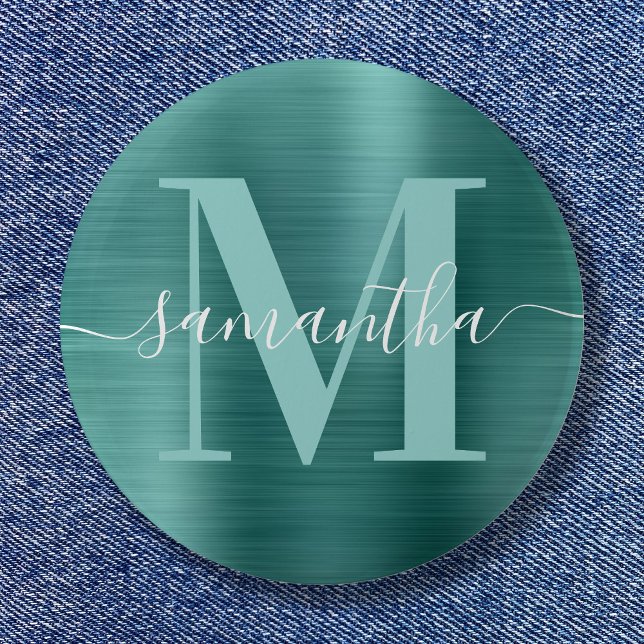 Badge Rond 5 Cm Signature Monogram Aqua Turquoise Shimmer Foil (Signature Monogram Aqua Teal Shimmer Foil Button)