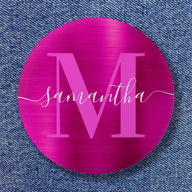 Badge Rond 5 Cm Signature Monogramme Pink Chaud Foil (Signature Monogram Hot Pink Shimmer Foil Button)