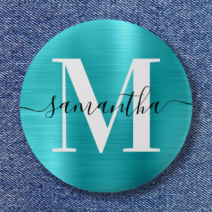Badge Rond 5 Cm Signature Monogramme Turquoise Blue Shimmer Foil
