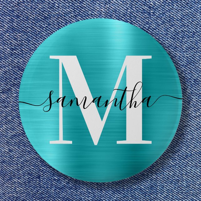 Badge Rond 5 Cm Signature Monogramme Turquoise Blue Shimmer Foil (Signature Monogram Turquoise Blue Shimmer Foil Button)