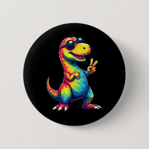 Badge Rond 5 Cm Signe de paix dinosaure T-rex Tie Dye Hippie 