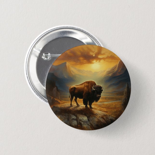 Badge Rond 5 Cm Silhouette du coucher de soleil de bison de buffle (Devant & derrière)