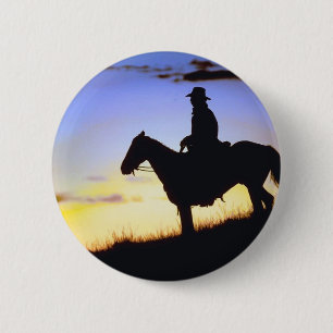 Badge Rond 5 Cm Silhouette du coucher de soleil de cowboy occident