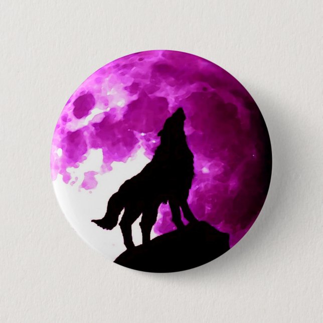 Badge Rond 5 Cm Silhouette du loup hurlant à la lune (Devant)
