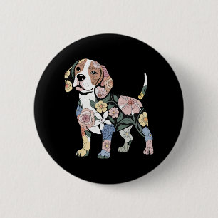 Badge Rond 5 Cm Silhuette Beagle à fleurs
