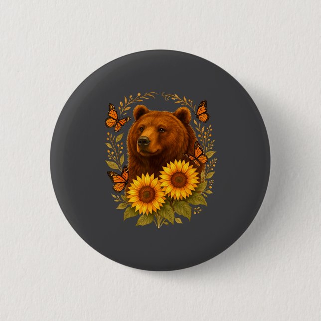 Badge Rond 5 Cm Silly Bear Butterfly Nature Rustic Sunflower Monar (Devant)