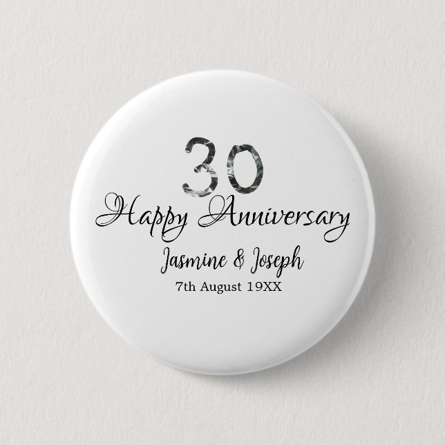 Badge Rond 5 Cm Silver Metallic 30th Happy anniversaire ajouter no (Devant)