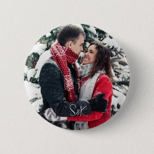 Badge Rond 5 Cm Simple Elégant Script Couple Photo et Initiales
