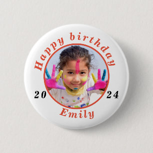 Badge Rond 5 Cm Simple heureux anniversaire Nom de photo âge