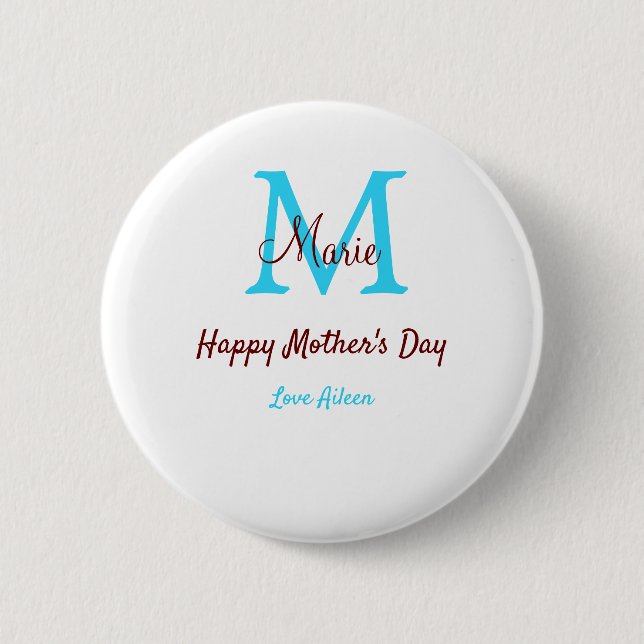 Badge Rond 5 Cm simple minimum jour mère bleu monogramme rose nom (Devant)