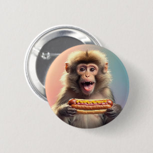 Badge Rond 5 Cm Singe mignon Avec Hotdog