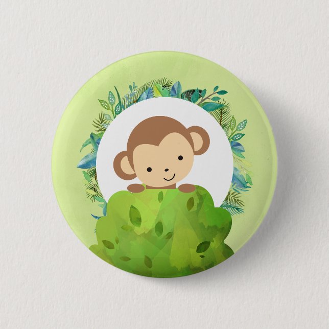 Badge Rond 5 Cm Singe Safari mignon avec Feuilles tropicaux (Devant)