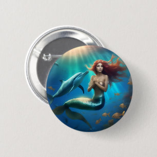 Badge Rond 5 Cm Sirène Angélique Nageant Avec Dauphins,