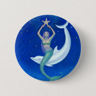 Badge Rond 5 Cm Sirène de lune de dauphin