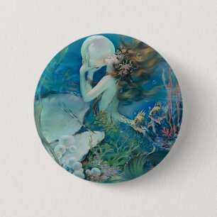 Badge Rond 5 Cm Sirène vintage tenant la perle
