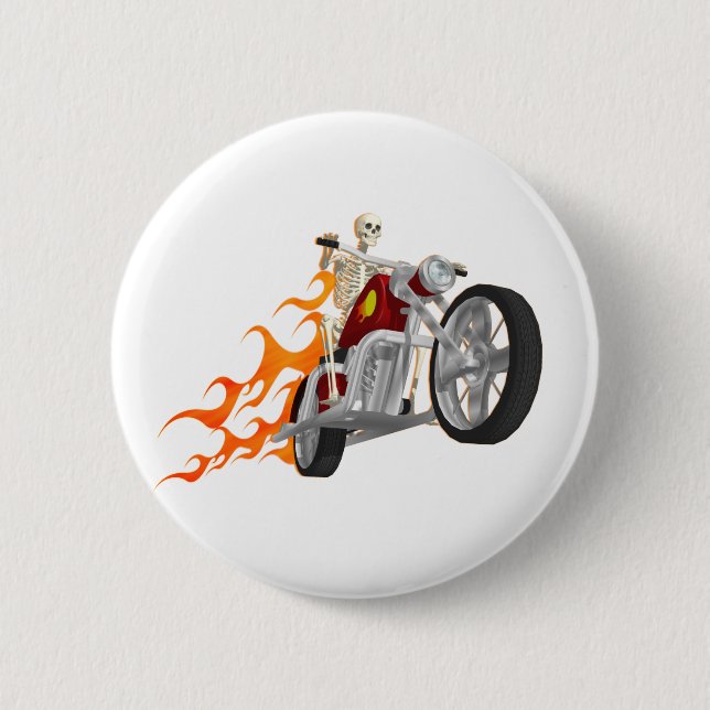 Badge Rond 5 Cm Skeleton Biker & Flames : (Devant)