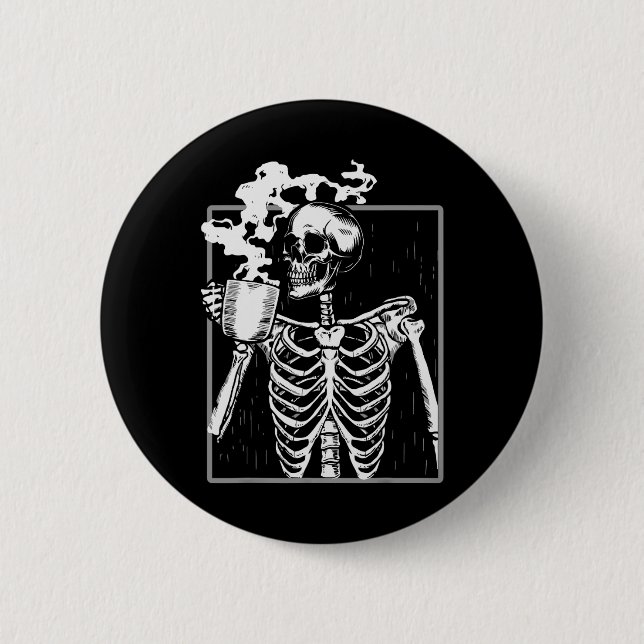 Badge Rond 5 Cm Skeleton Drinking Coffee Lover Funny Halloween Sku (Devant)