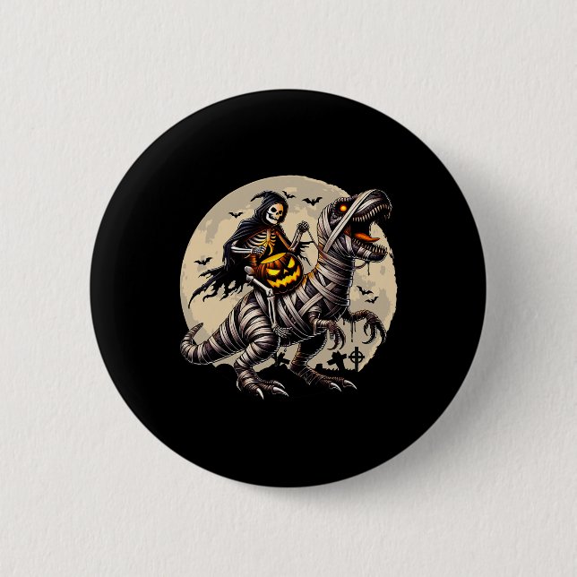 Badge Rond 5 Cm Skeleton équitation maman Dinosaur T Rex Citrouill (Devant)