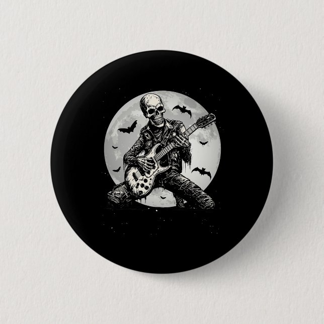 Badge Rond 5 Cm Skeleton Jouer Guitare Punk Rock Musique Halloween (Devant)