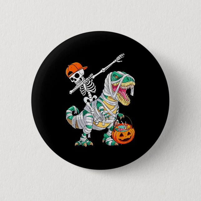 Badge Rond 5 Cm Skeleton Riding Dancing Dab Dinosaur T Rex Hallowe (Devant)