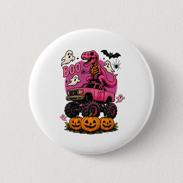 Badge Rond 5 Cm Skeleton T Rex Dinosaur Monster Truck Citrouille B (Devant)