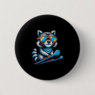 Badge Rond 5 Cm Ski Raccoon Drôle Hiver Et Extérieur Mignons Et