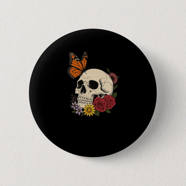 Badge Rond 5 Cm Skulls Monarch Butterfly Flowers Halloween Men Wom (Devant)