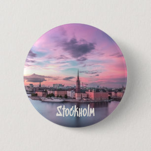 Badge Rond 5 Cm Skyline nocturne de la capitale suédoise, Stockho
