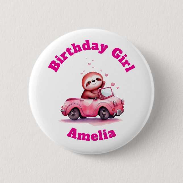 Badge Rond 5 Cm Sloth Driving a Pink Convertible Birthday Girl (Devant)