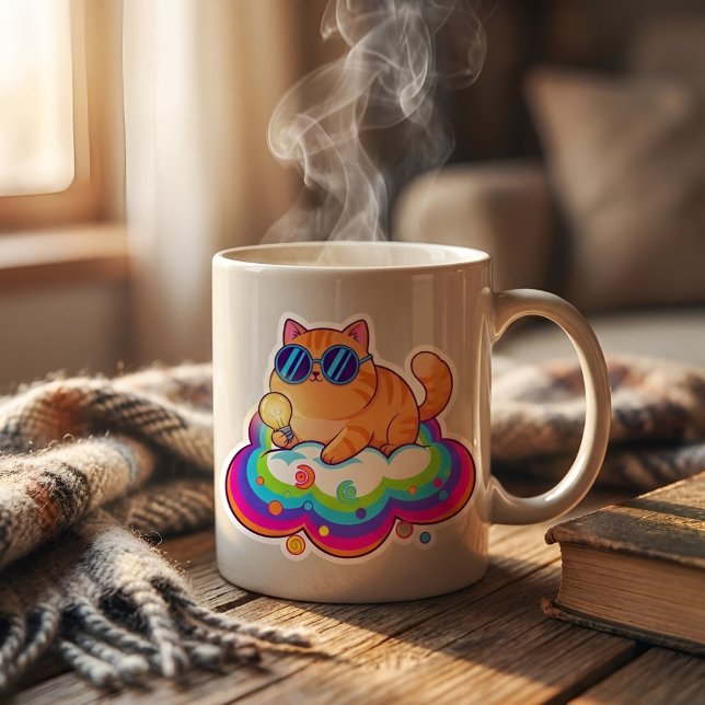 Badge Rond 5 Cm Smart Ginger Cat with Lightbulb - Funny Big Idea B (on a cup)