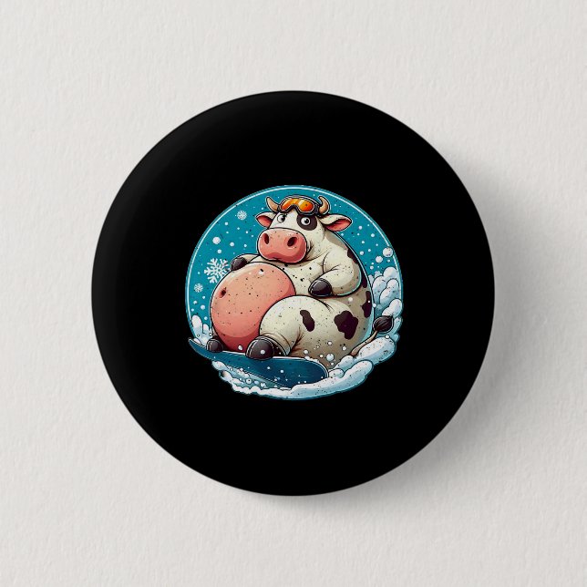 Badge Rond 5 Cm Snowboard de vache bien nourri (Devant)