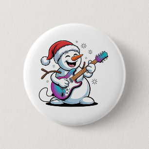 Badge Rond 5 Cm Snowman Jouer Guitare Électrique Rock Noël