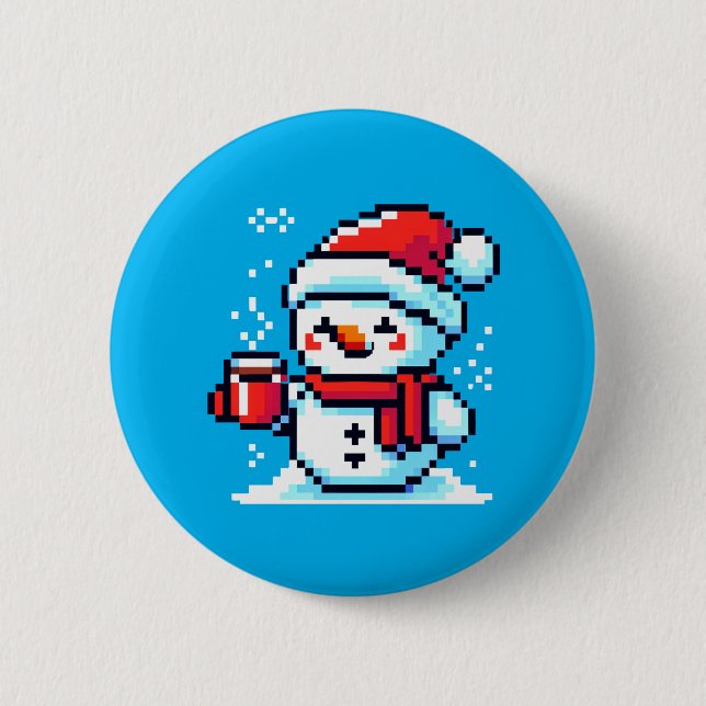 Badge Rond 5 Cm Snowman Pixelé avec café - Winter Holiday Art (Devant)