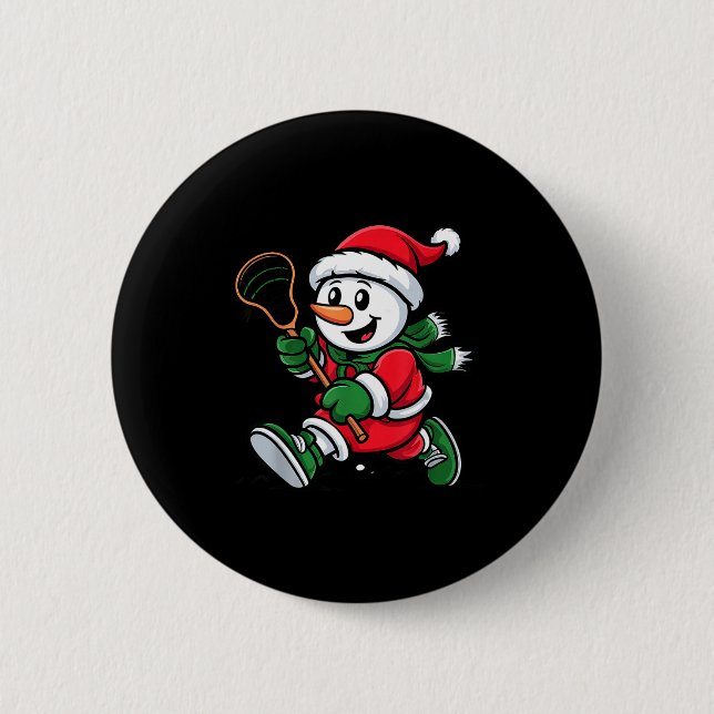 Badge Rond 5 Cm Snowman Santa Hat Playing Lacrosse Christmas Playe (Devant)