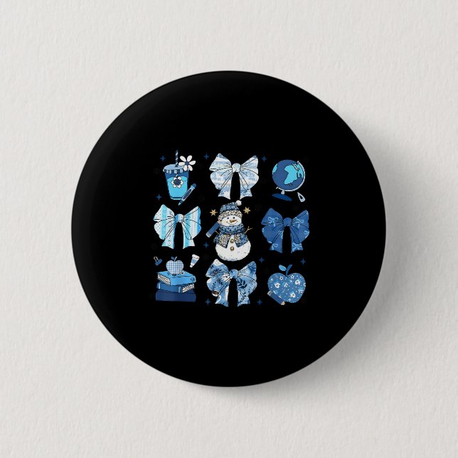 Badge Rond 5 Cm Snowman Teacher Winter Bows Clroom Cute Blue Aesth (Devant)