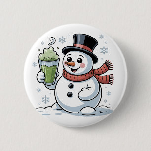 Badge Rond 5 Cm Snowman tenant Matcha Boire Noël