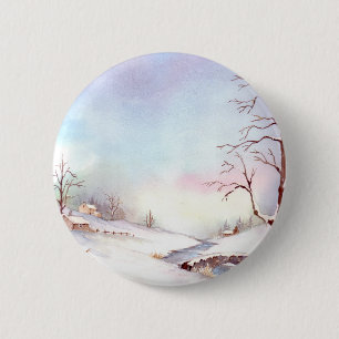 Badge Rond 5 Cm Snowy Bridge Watercolor Landscape