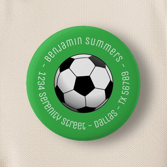 Badge Rond 5 Cm Soccer Football Ball on Green Custom Text (Créateur téléchargé)