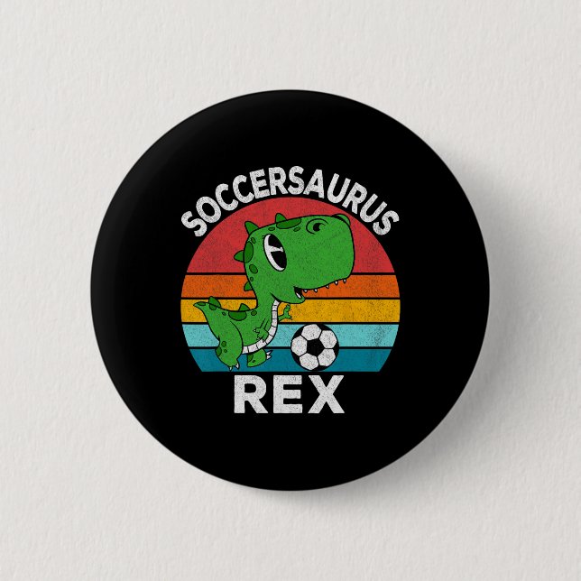 Badge Rond 5 Cm Soccersaurus Rex Dinosaure de Football Pour Garçon (Devant)