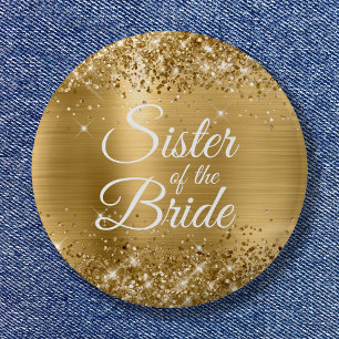 Badge Rond 5 Cm Sœur de la mariée pailleté or feuille