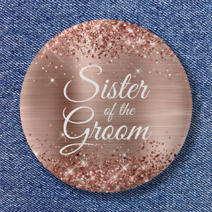 Badge Rond 5 Cm Sœur du marié paillettes rose or feuille