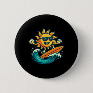 Badge Rond 5 Cm Soleil de dessin animé faisant du surf sur la vagu