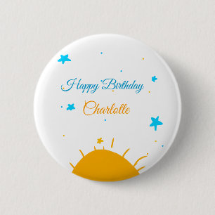 Badge Rond 5 Cm Soleil jaune étoiles bleues joyeux anniversaire aj