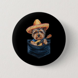 Badge Rond 5 Cm Sombrero Yorkshire Terrier Chien Jouant Guitare Ci