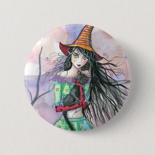 Badge Rond 5 Cm Sorcière de Halloween Chat Bouton Épinglette