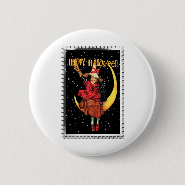 Badge Rond 5 Cm Sorcière de Halloween nostalgique et son chat (Devant)
