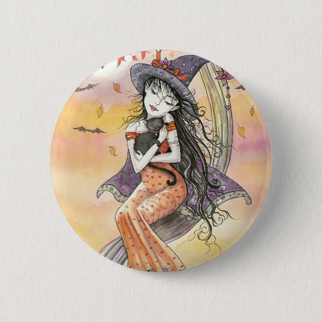 Badge Rond 5 Cm Sorcière d'Halloween Chat Noir Bouton Épinglette (Devant)