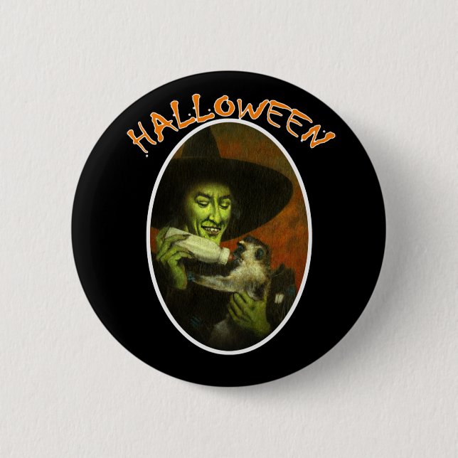 Badge Rond 5 Cm Sorcière D'Halloween Et Singe Volant (Devant)